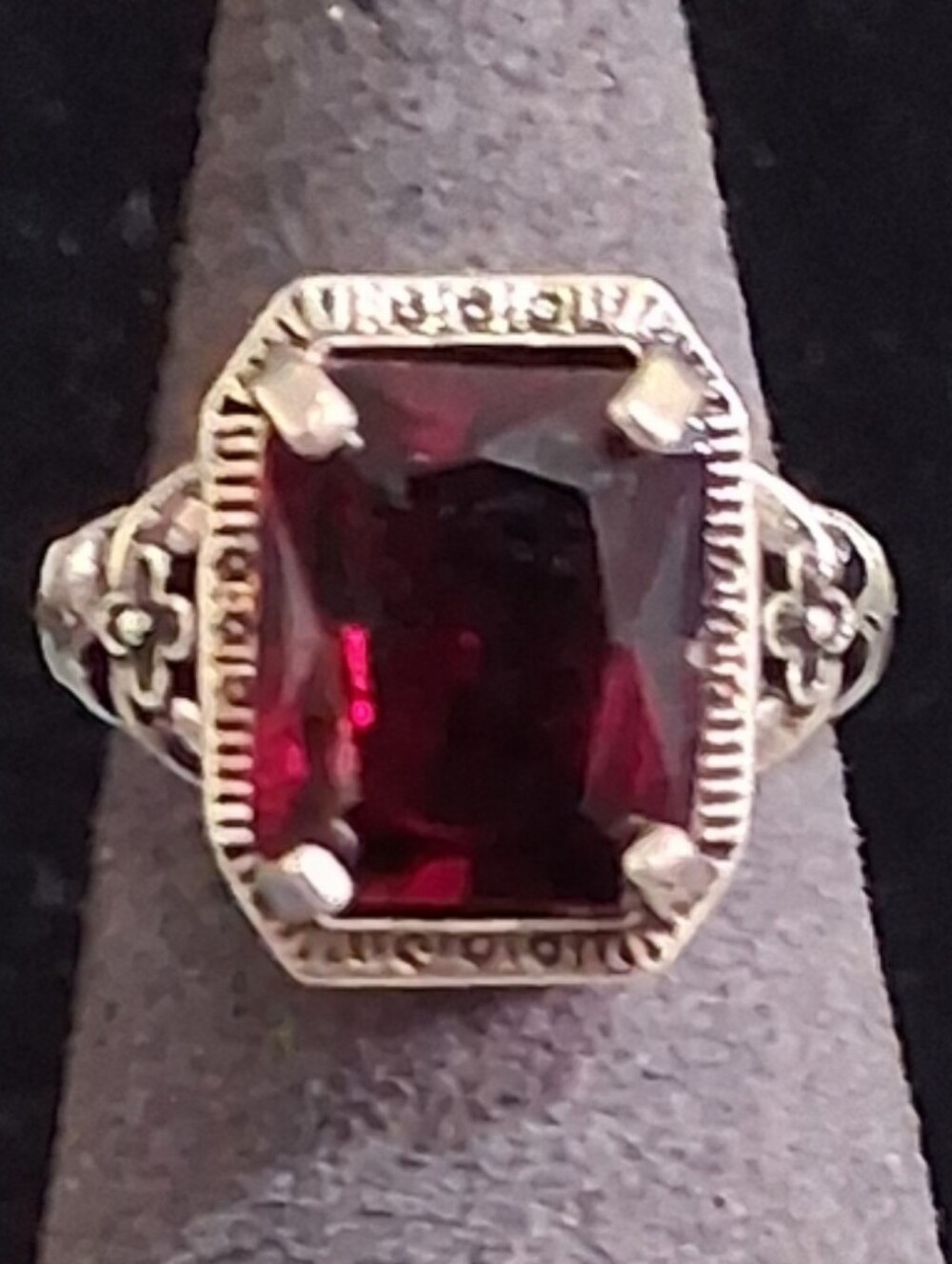 Vintage Style Sterling Silver Red Gemstone Filigree Ring Art Deco Sz 5.5
